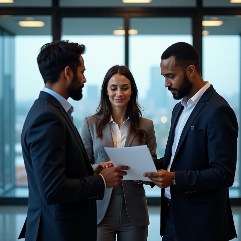 Financial consultants discussing savings plans in a modern office in Dar es Salaam