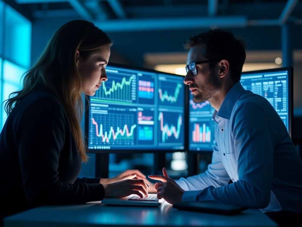 Financial analysts reviewing financial data and market information